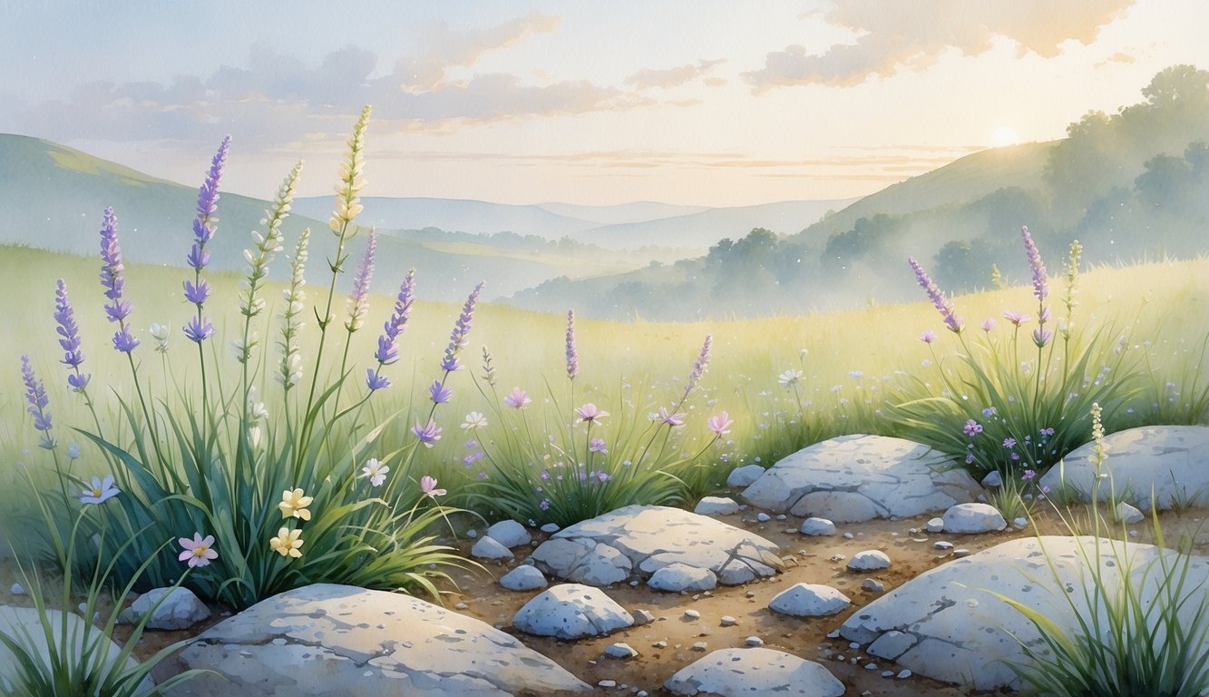 A peaceful meadow with wildflowers growing among rocks and grass under a soft morning sky.