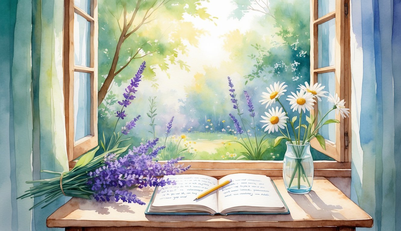 A cozy room with a wooden table by a window, a notebook, and flowers in a vase with a garden visible outside.