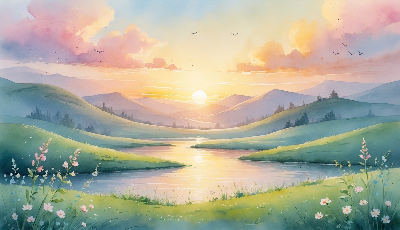 A peaceful sunrise over rolling hills and a calm river with blooming wildflowers and birds flying in the sky.