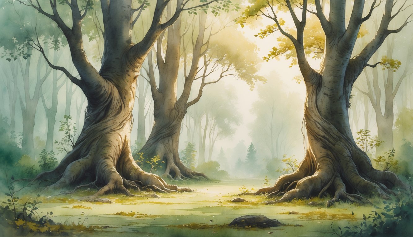 A group of ancient, large trees with thick trunks and sprawling roots standing in a forest clearing surrounded by leaves and moss.
