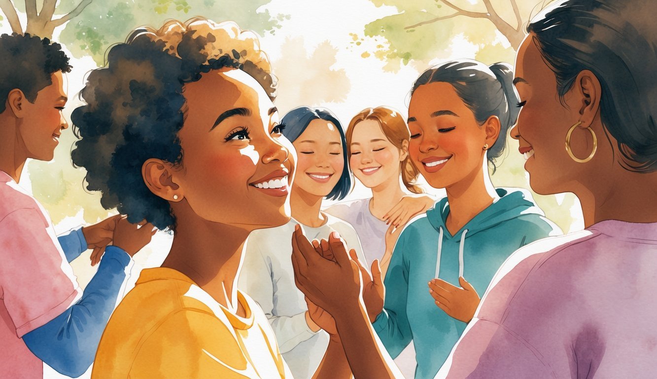 A group of people sharing warm smiles and kind gestures, showing connection and support in an outdoor setting.