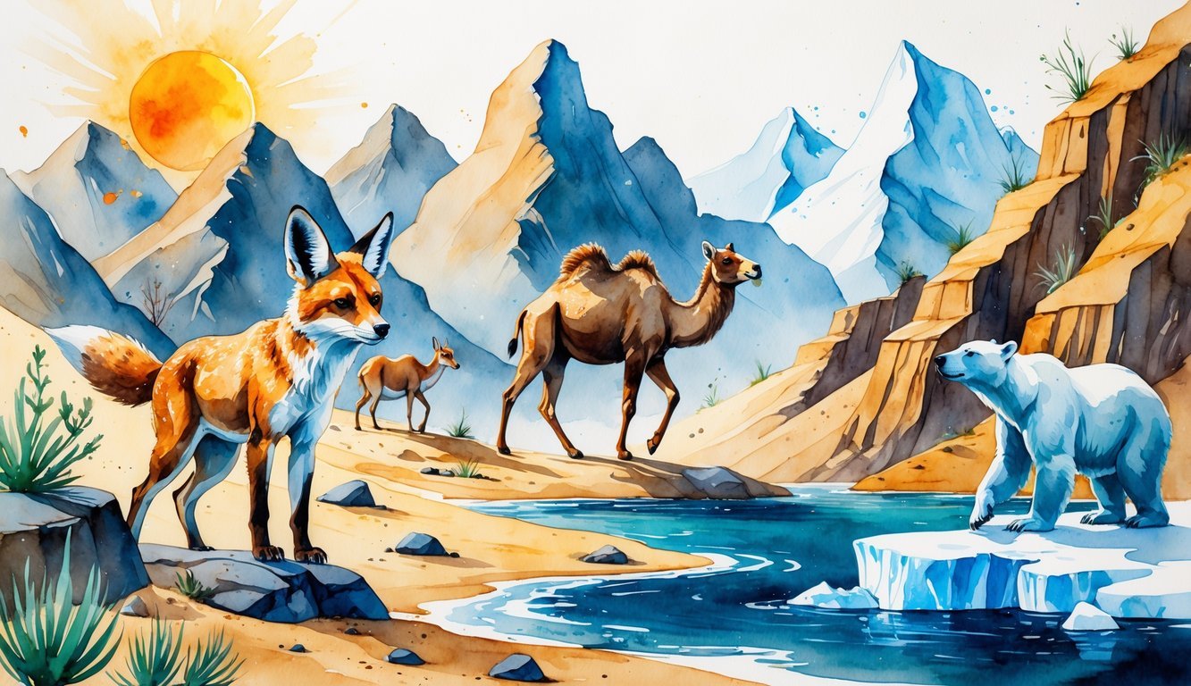 A desert fox on rocky ground, a camel walking on sand dunes, a mountain goat on cliffs, and a polar bear in icy waters, all showing animals surviving in tough environments.
