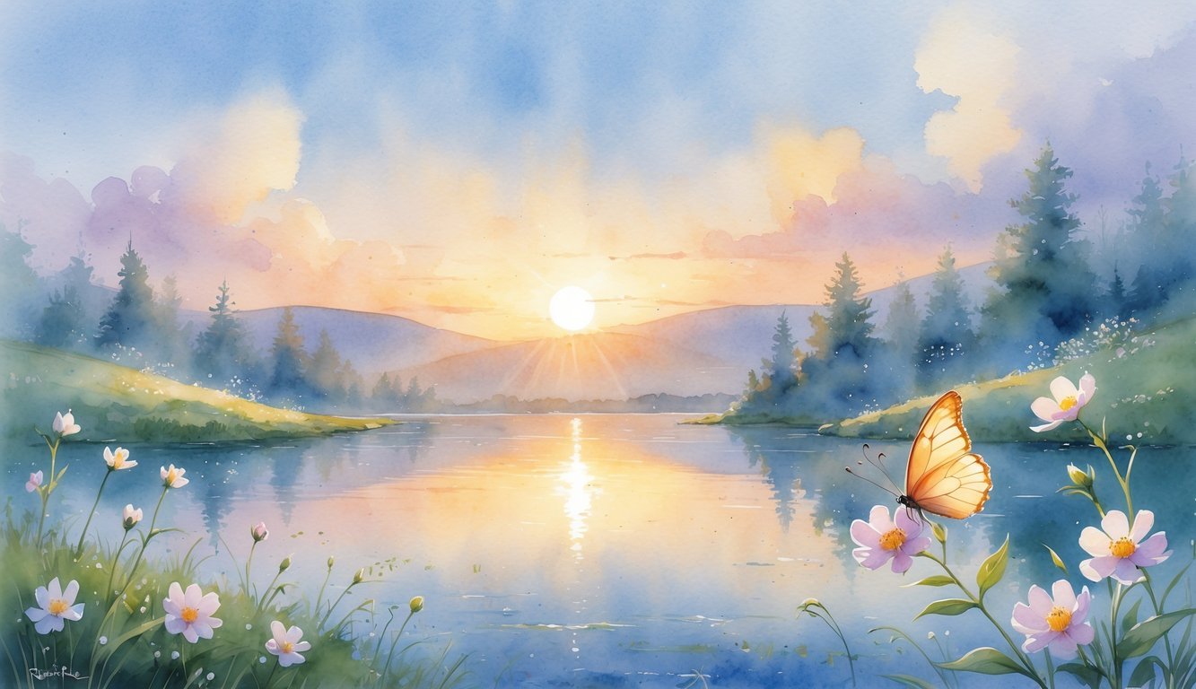 A peaceful sunrise over a calm lake with hills and blooming flowers, a butterfly resting on a flower in the foreground.