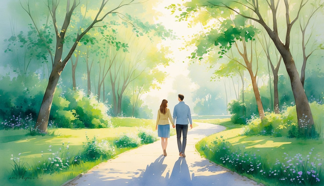 Two people walking together along a sunlit park path surrounded by trees and flowers.