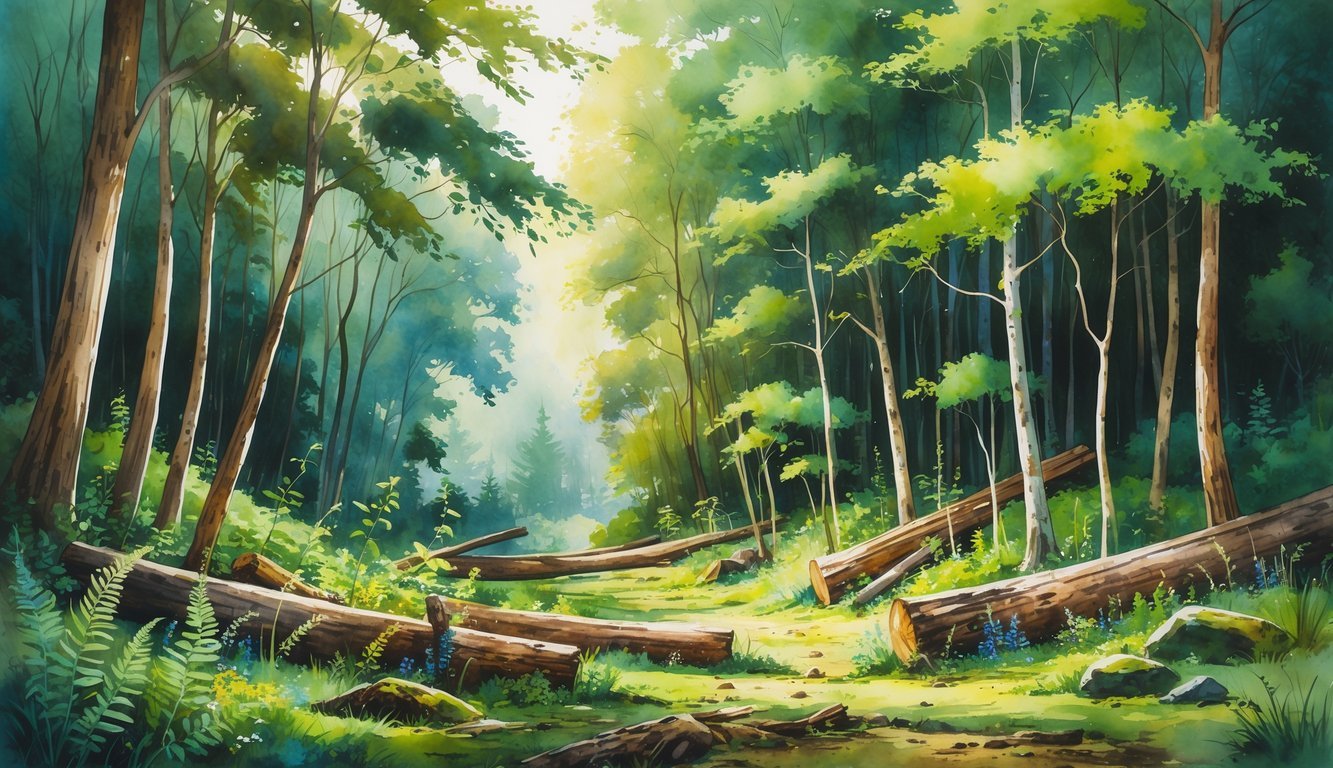 A forest with young trees growing among older trees, fallen logs, and sunlight filtering through the leaves.