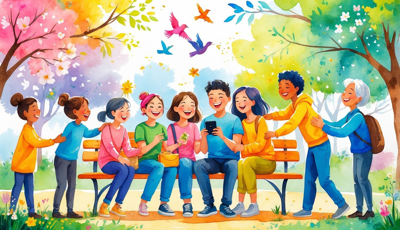 A group of people sharing joyful moments outdoors, laughing together, giving flowers, helping each other, and hugging in a sunny park setting.