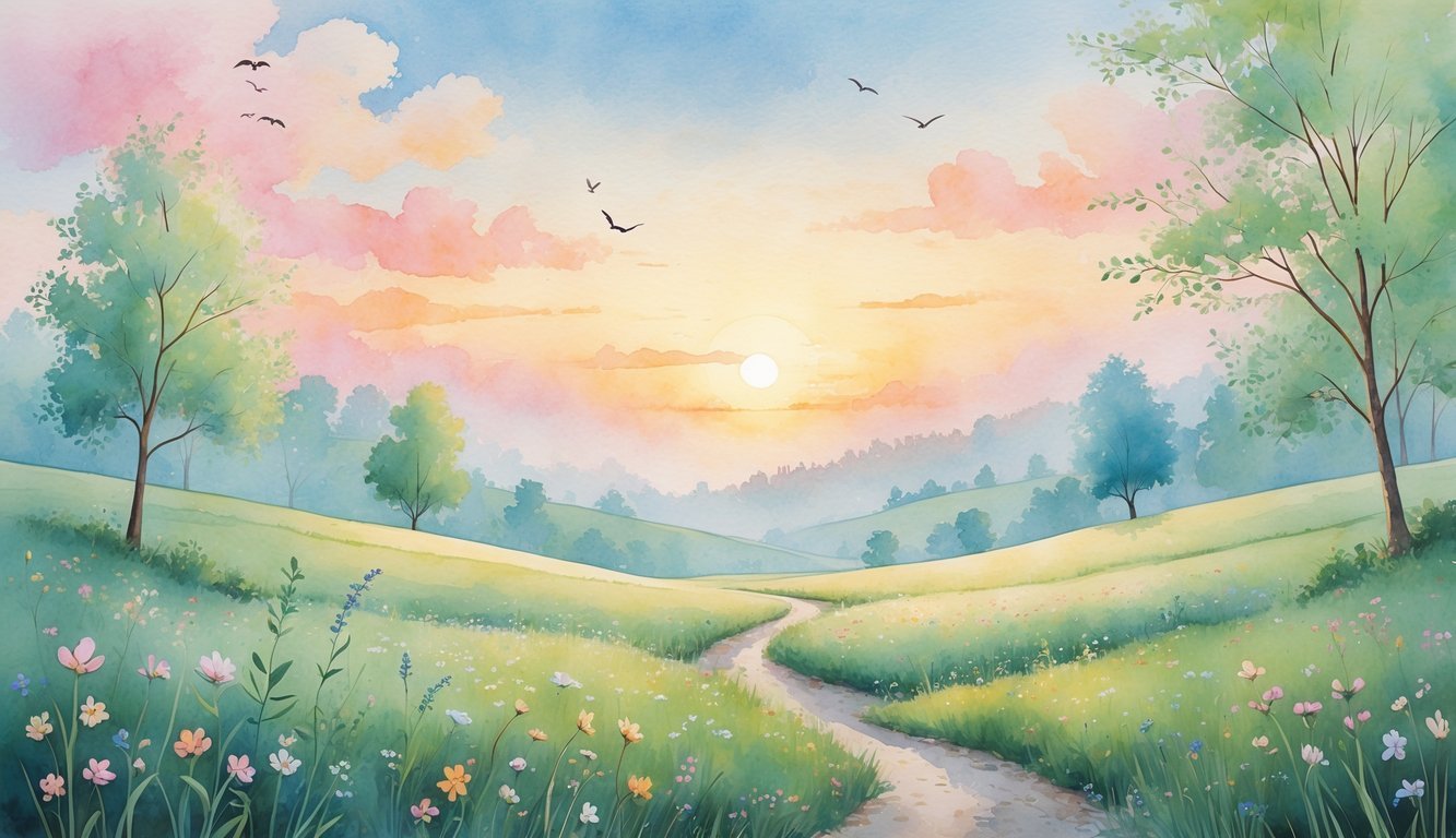 A peaceful sunrise over a meadow with blooming flowers, a winding path, trees, and birds flying in the sky.