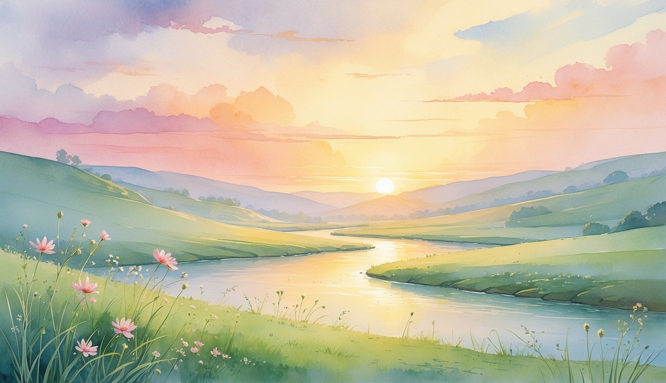A peaceful sunrise over rolling hills with wildflowers and a river reflecting the warm colors of dawn.