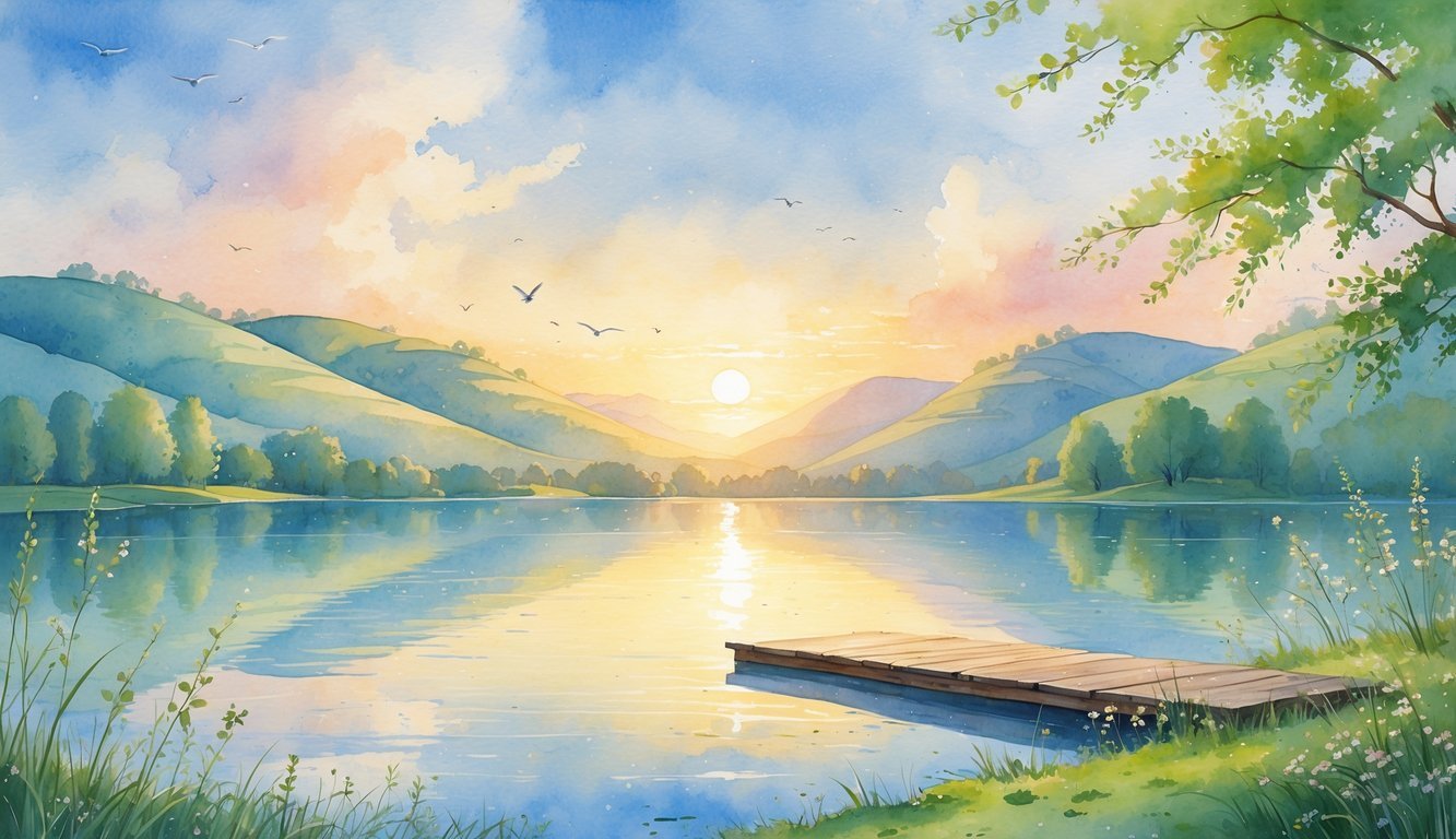 A peaceful sunrise over a calm lake with hills, wildflowers, a wooden dock, and birds flying gently above.