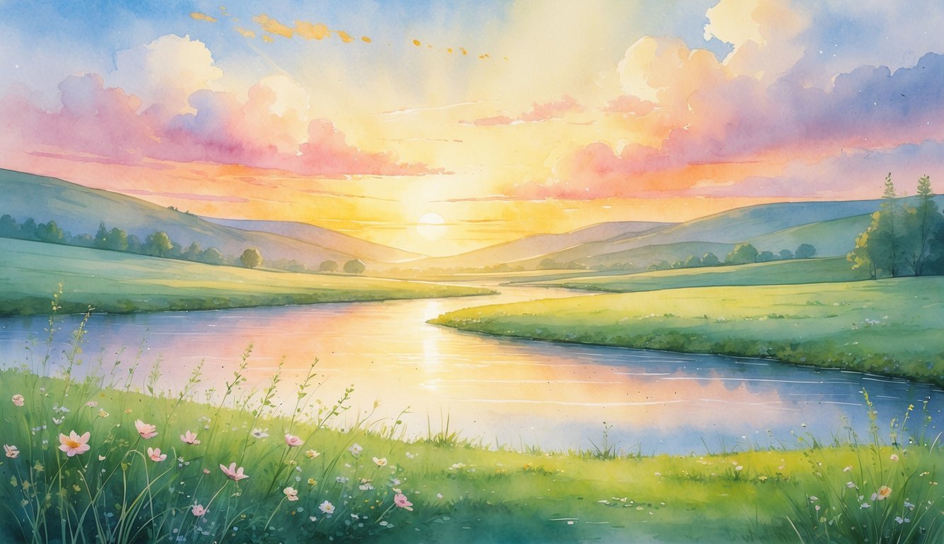 A peaceful sunrise over rolling hills with wildflowers and a calm river reflecting the colorful sky.