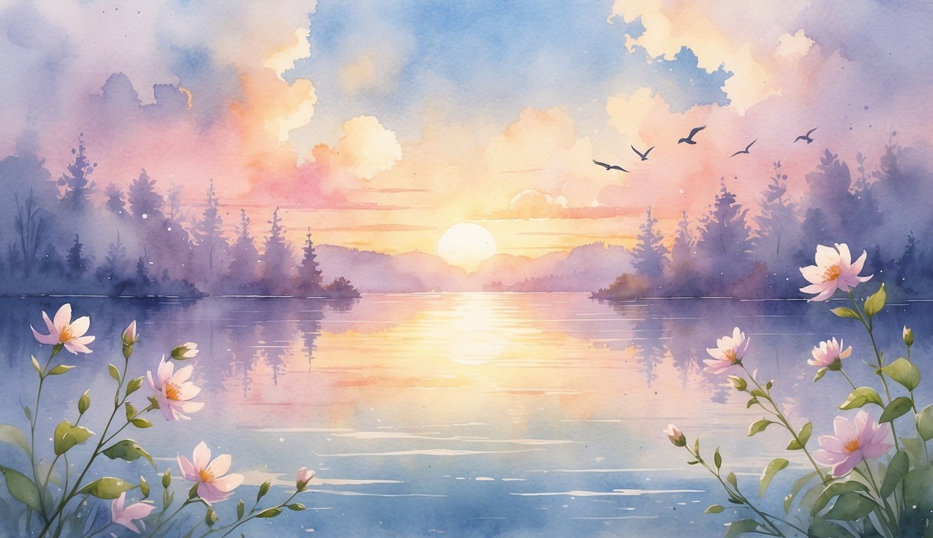 A peaceful sunrise over a calm lake with blooming flowers and birds flying in the sky.