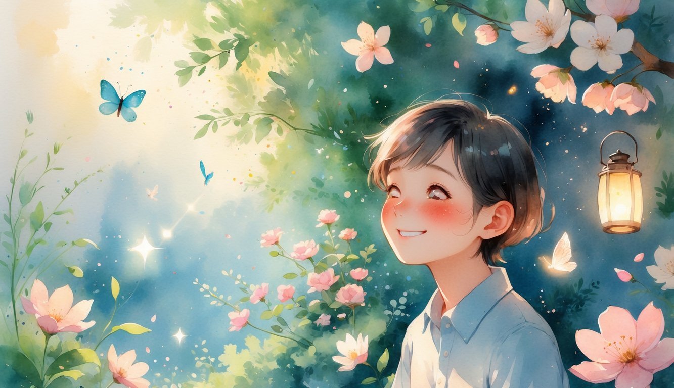 A person smiling warmly in a garden surrounded by flowers and seven small joyful elements floating around them.