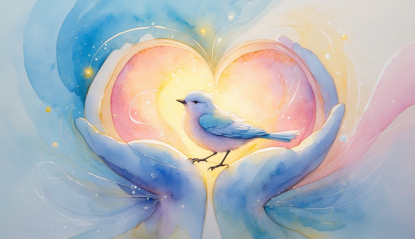A small bird with soft feathers perched inside a glowing human soul shape, surrounded by gentle pastel colors and light sparkles.