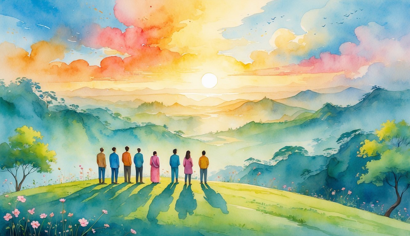 A group of diverse people standing together on a hill, facing a colorful sunrise over mountains and trees.