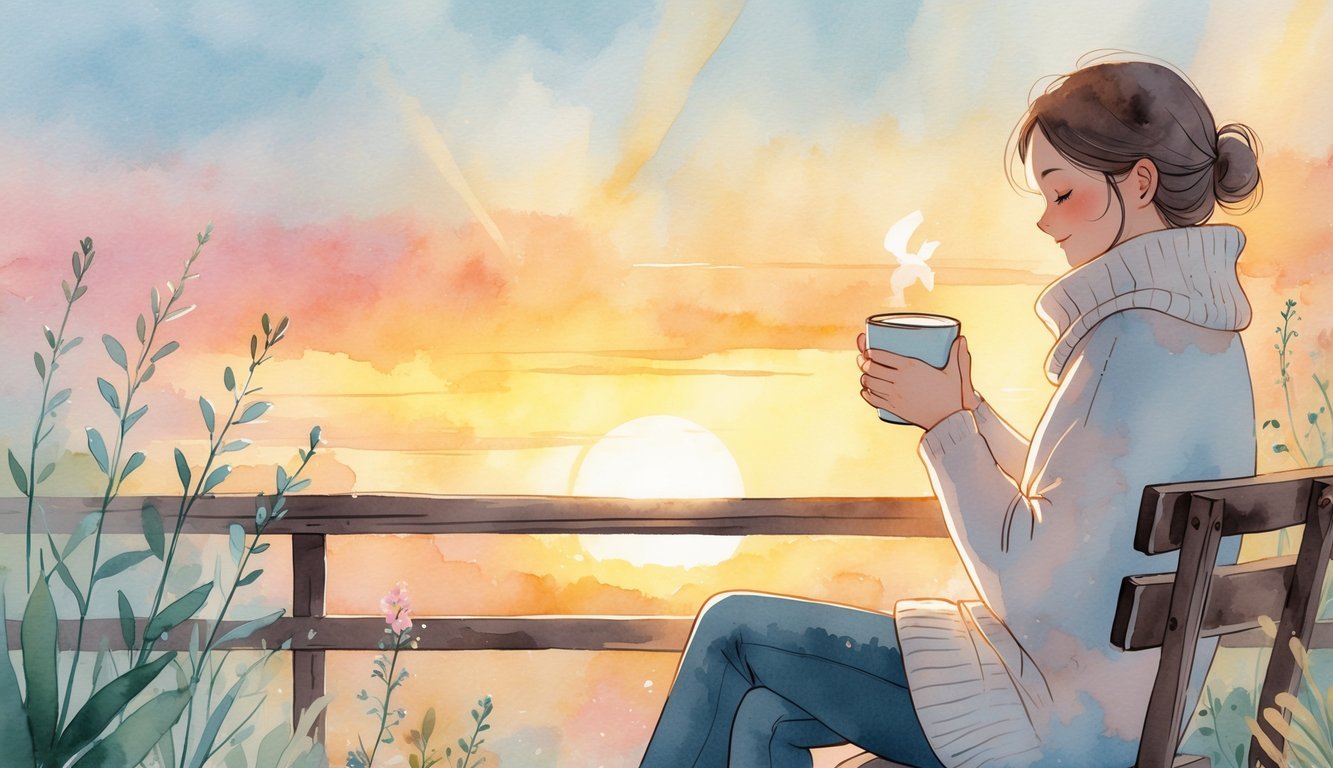 A person holding a warm cup of coffee while watching a colorful sunrise over a peaceful outdoor setting.