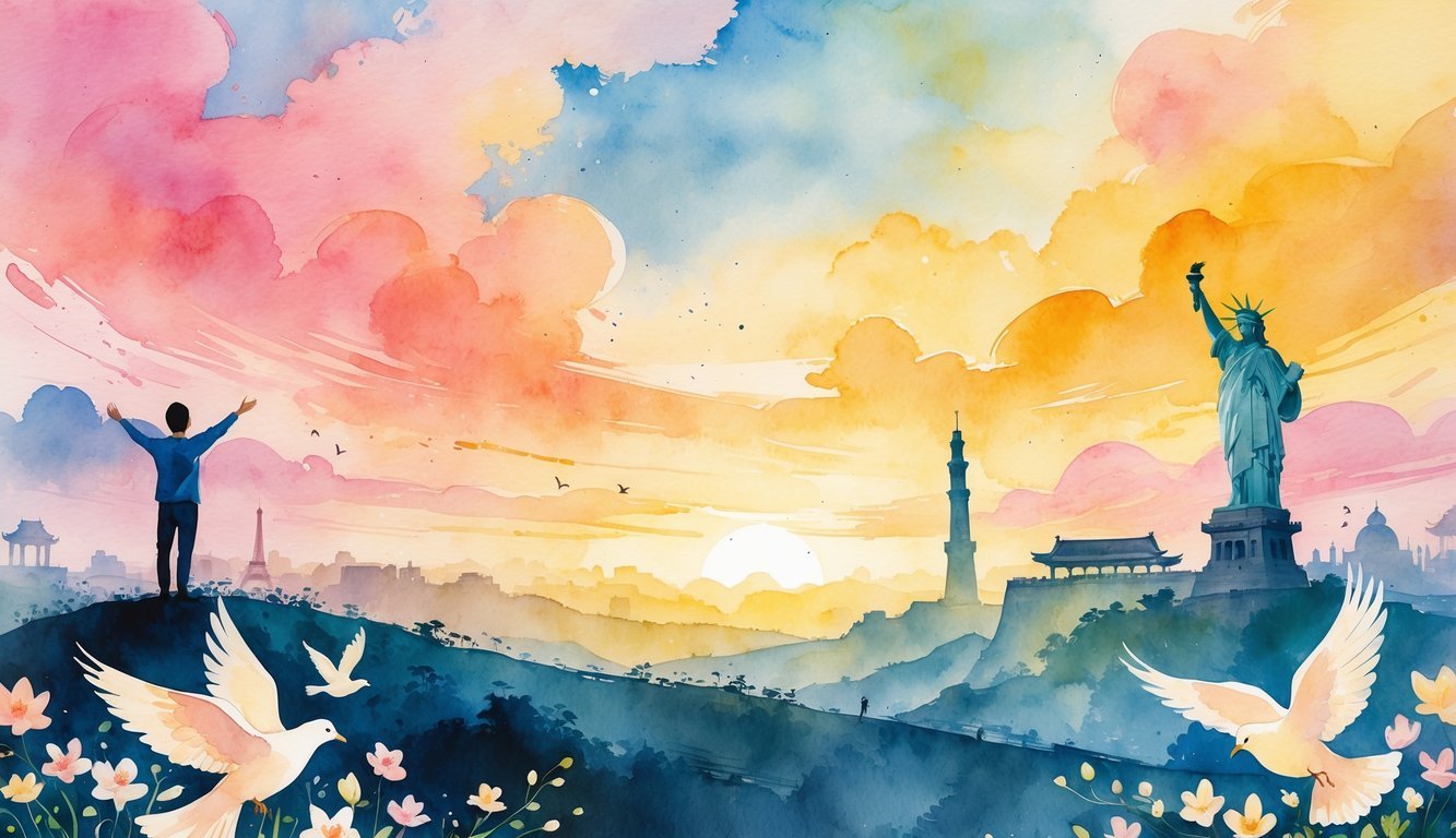A person standing on a hill with arms raised toward a colorful sunrise, surrounded by flying birds, blooming flowers, and distant world landmarks.