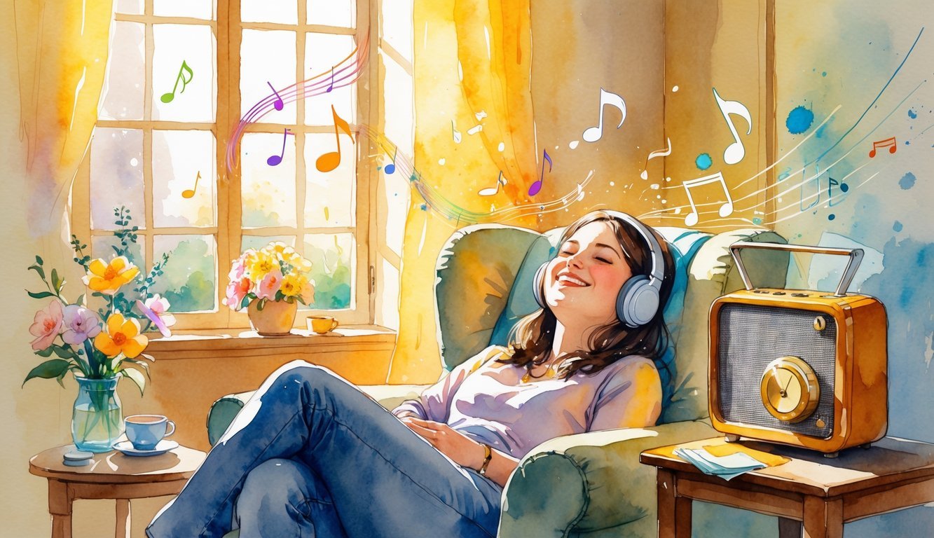 A person sitting in a cozy living room, smiling with eyes closed while listening to music on headphones, with a radio nearby and soft sunlight filling the space.