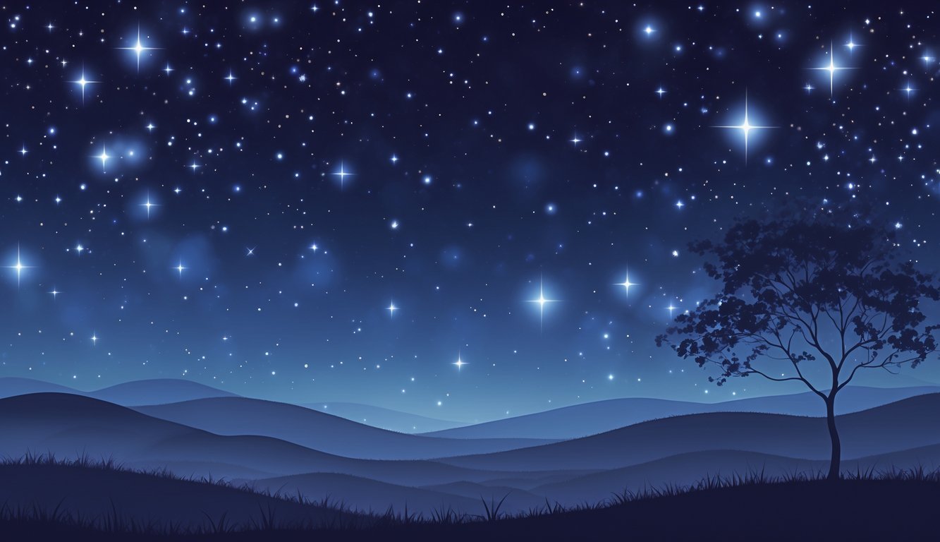 A peaceful night scene with rolling hills, a lone tree, and a sky full of shining stars.