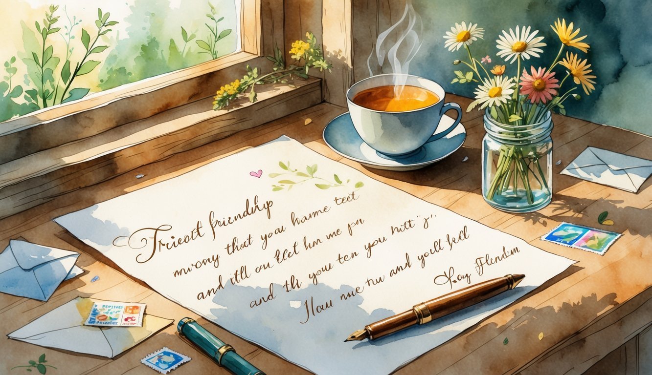 A wooden table with a handwritten note, a fountain pen, a cup of tea, a small bouquet of wildflowers, and colorful envelopes, with greenery visible through a nearby window.