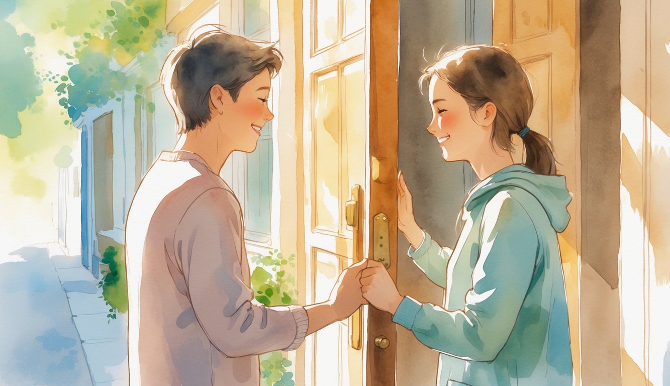 A person holding a door open for another person outside a building on a quiet street.
