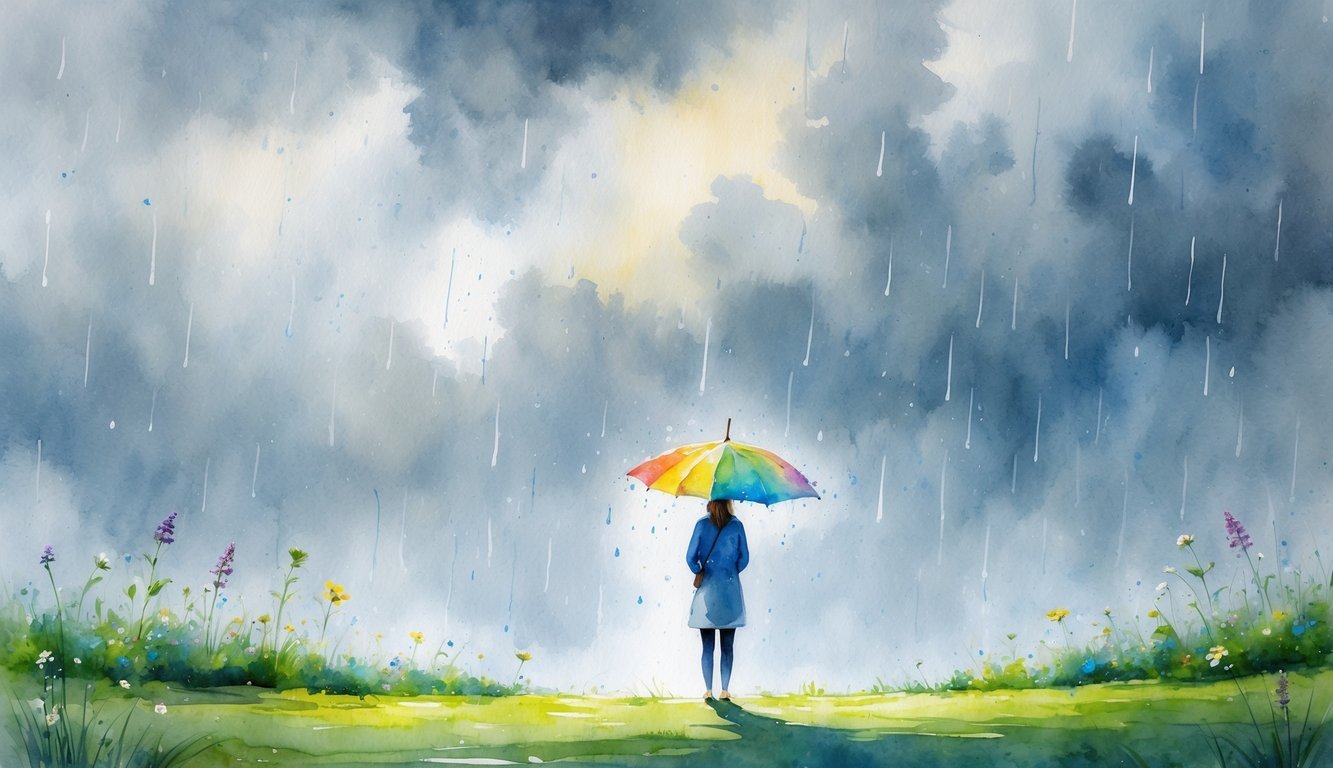 A person holding an umbrella standing in a rainy countryside with flowers and grass around.