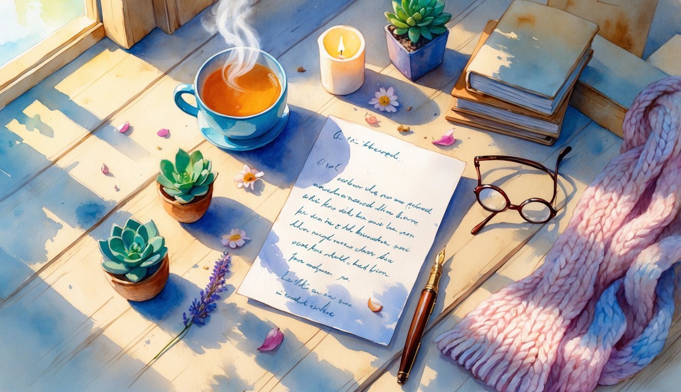 A cozy desk with a handwritten note, dried flowers, a fountain pen, a cup of tea, a small plant, a candle, reading glasses, books, lavender, and a scarf arranged together.