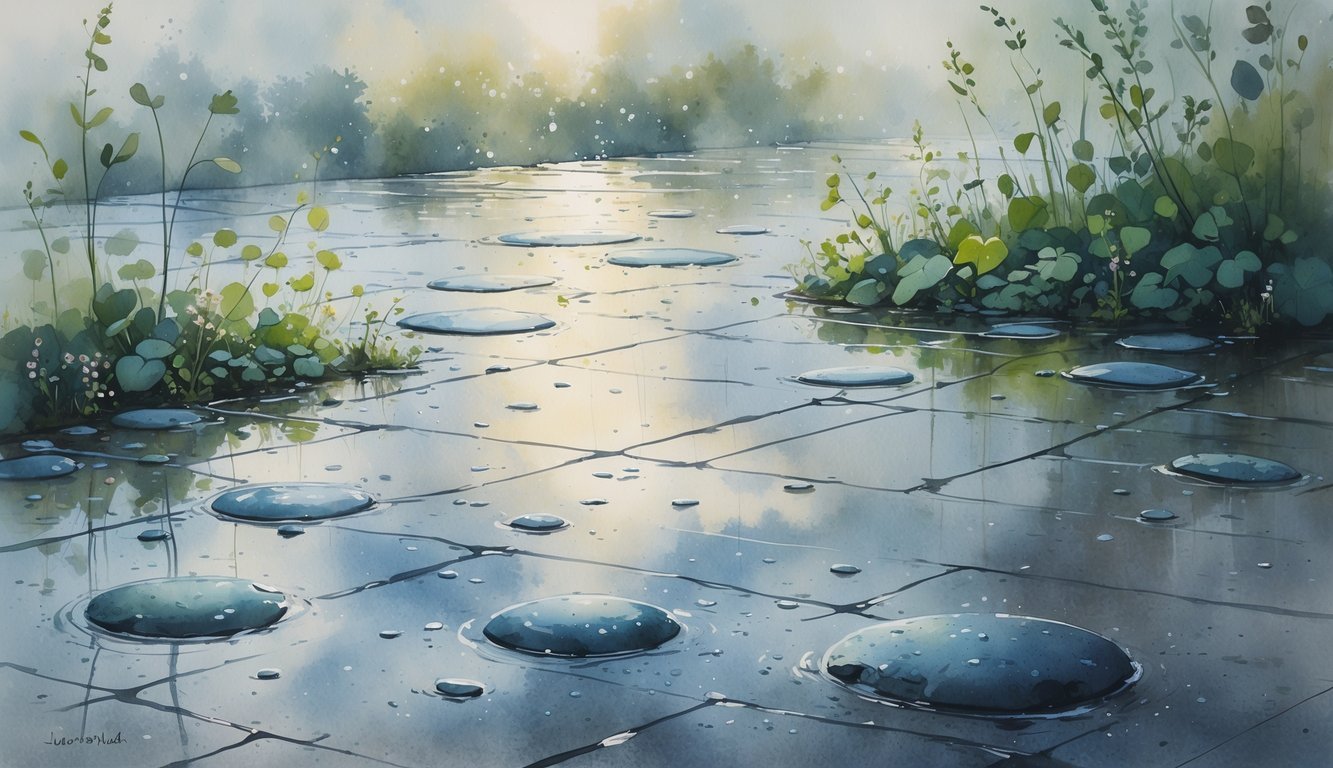 A peaceful scene of wet cobblestone pavement with small puddles, green leaves, and tiny flowers after rain.