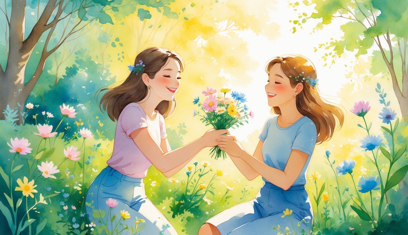Two friends in a sunlit garden exchanging a bouquet of wildflowers, surrounded by blooming flowers and trees.