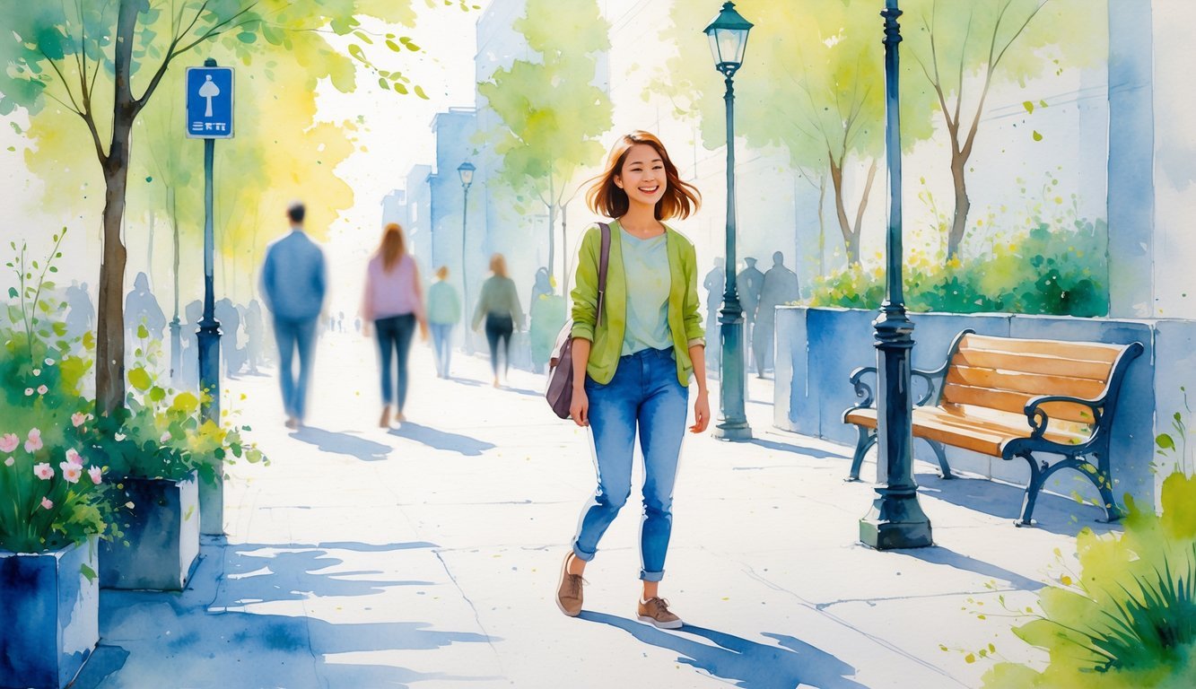 A person walking on a city street smiling warmly with blurred people and plants in the background.