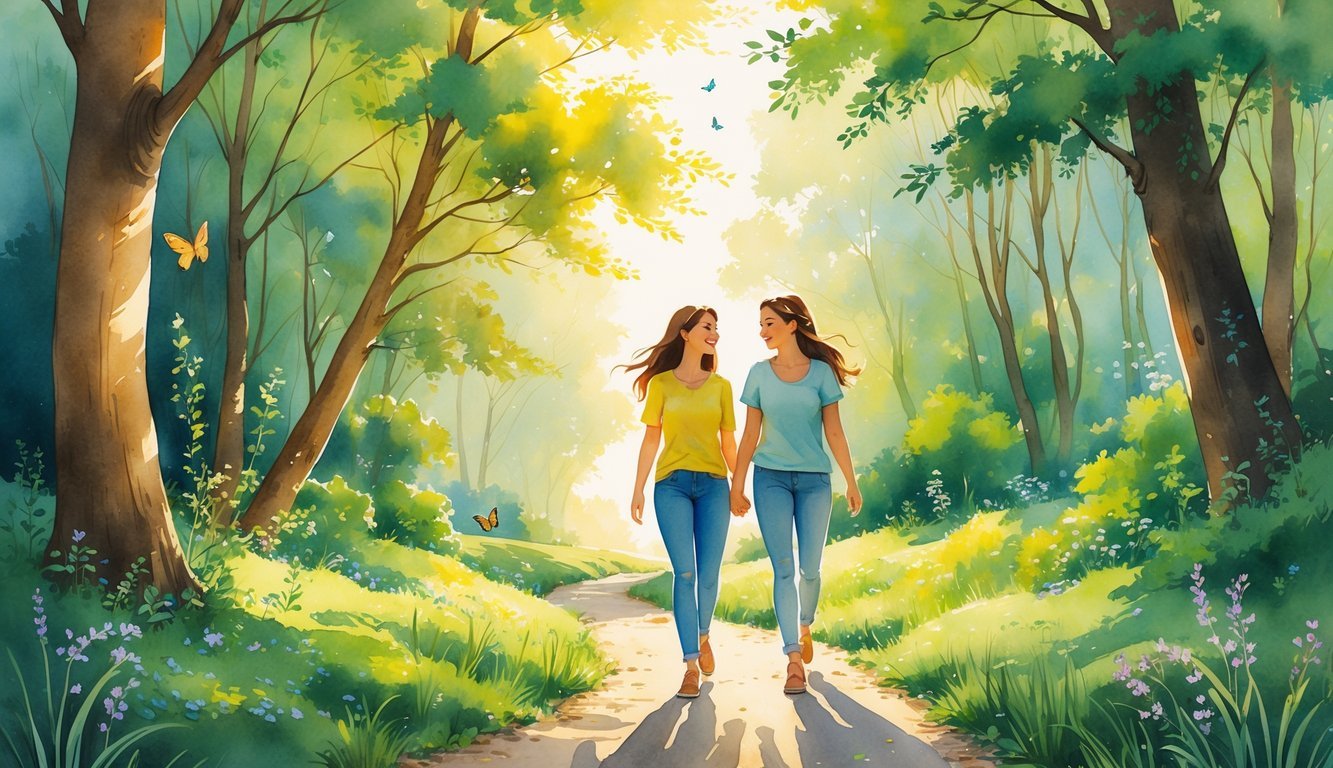 Two friends walking and talking on a forest path surrounded by trees and flowers on a sunny afternoon.
