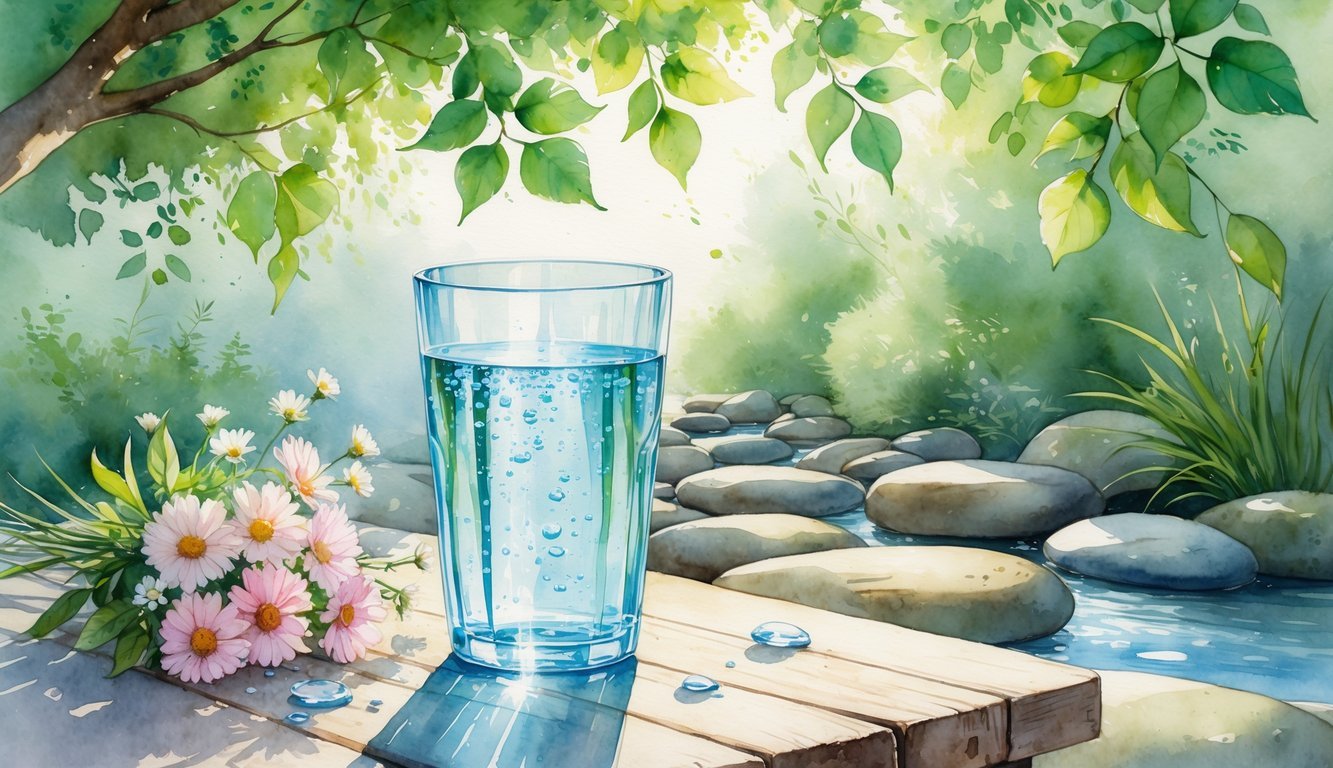A glass of clear water on a wooden table surrounded by green leaves, wildflowers, and a flowing stream in the background.