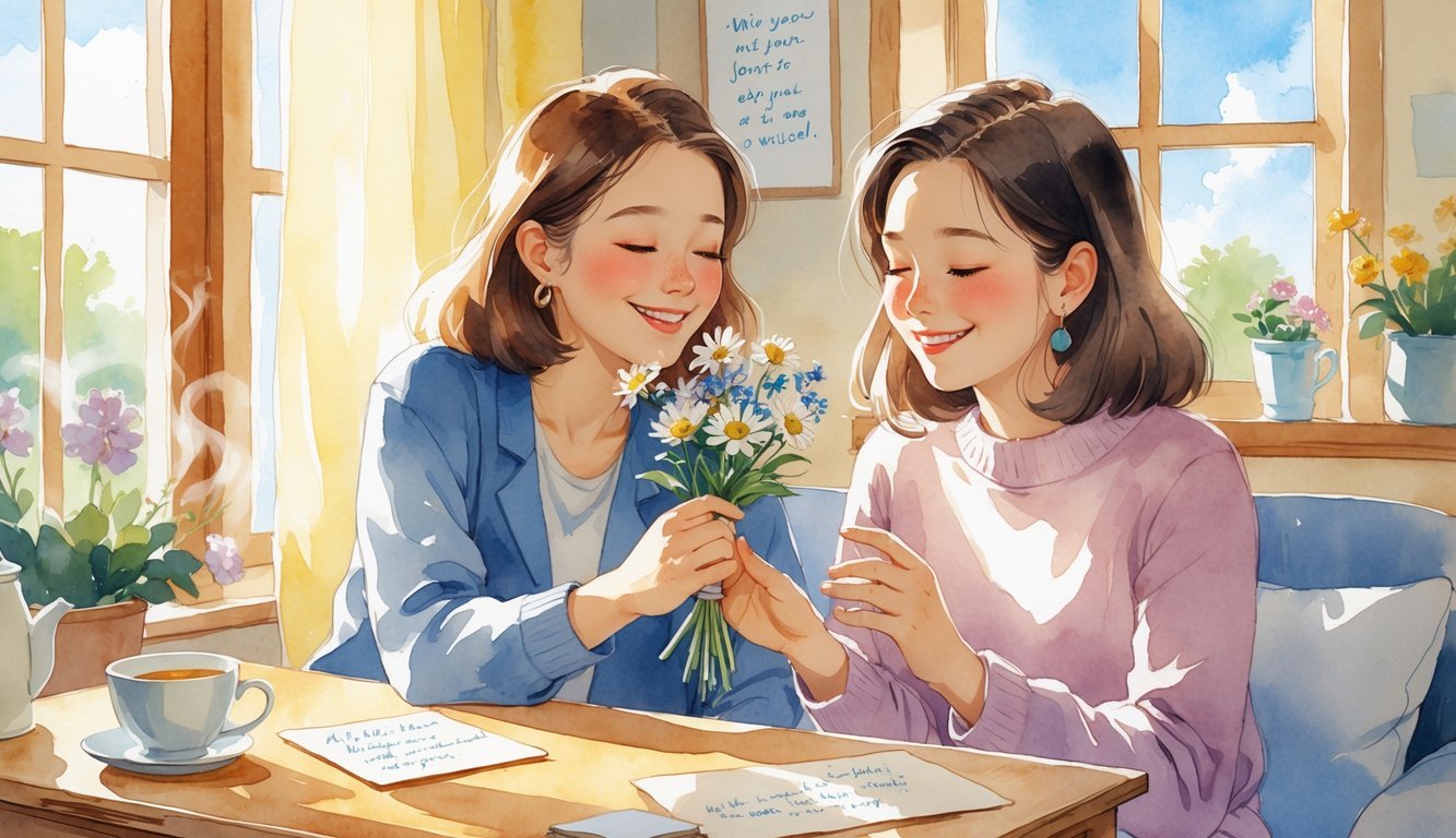 Two friends in a sunlit room sharing a warm moment, one giving flowers to the other who looks grateful and happy.