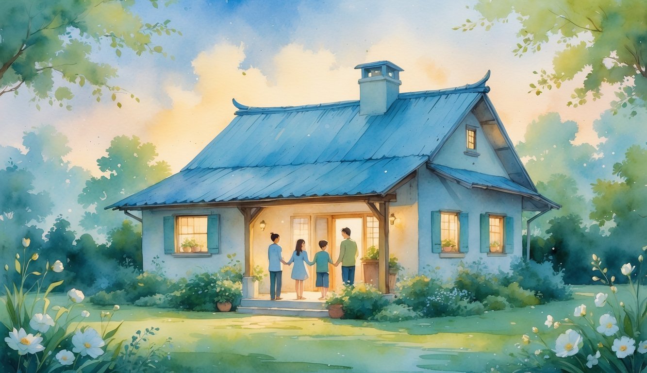 A cozy house with a roof surrounded by a garden and a family gathered outside, enjoying a peaceful moment together.