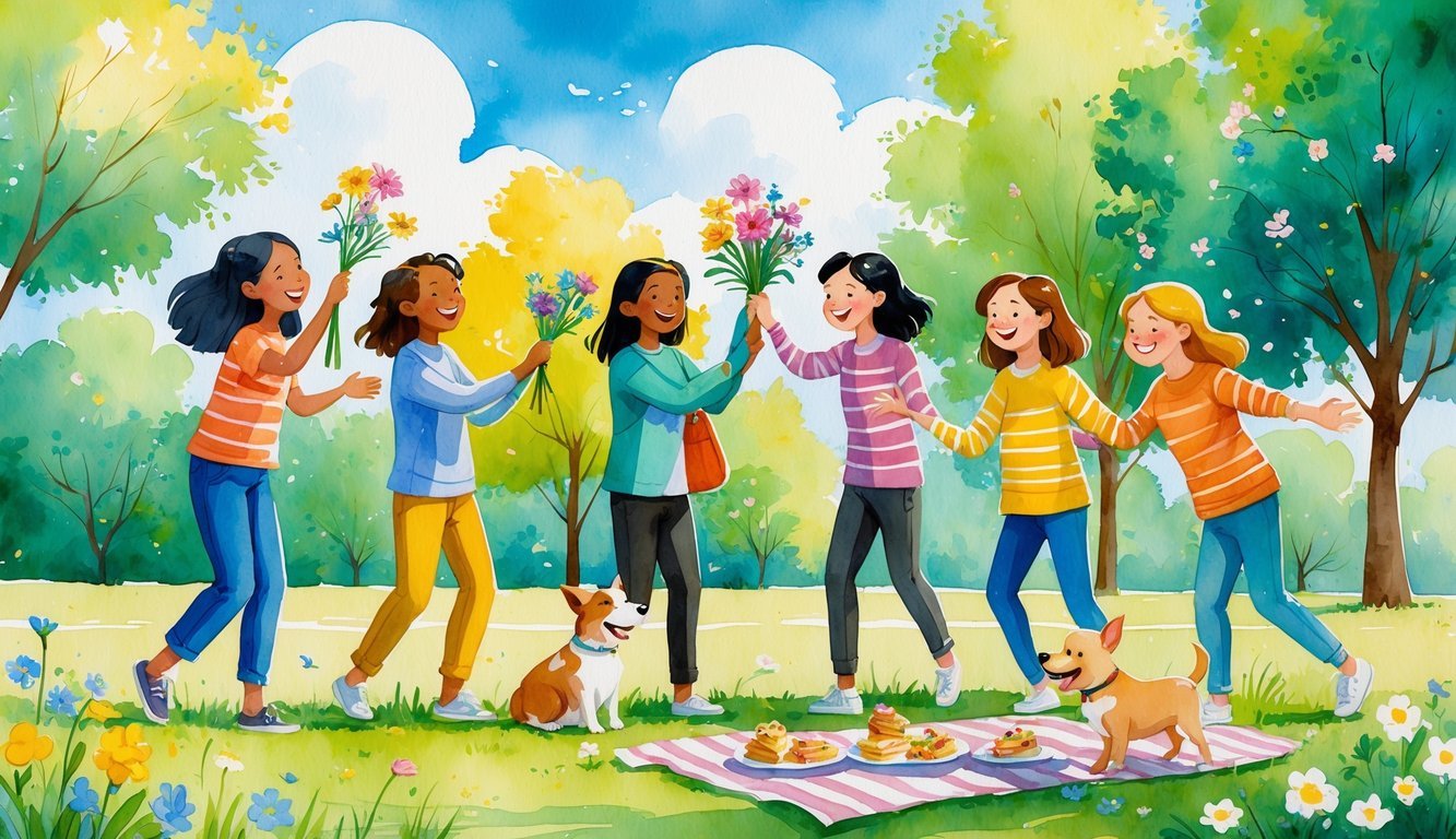 A group of friends happily sharing flowers and laughter in a sunny park with a picnic and a playful dog.