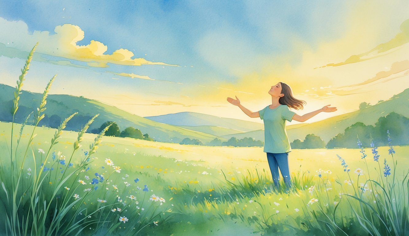 A person standing in a sunlit meadow with eyes closed and arms outstretched, surrounded by wildflowers and rolling hills under a clear sky at sunrise.