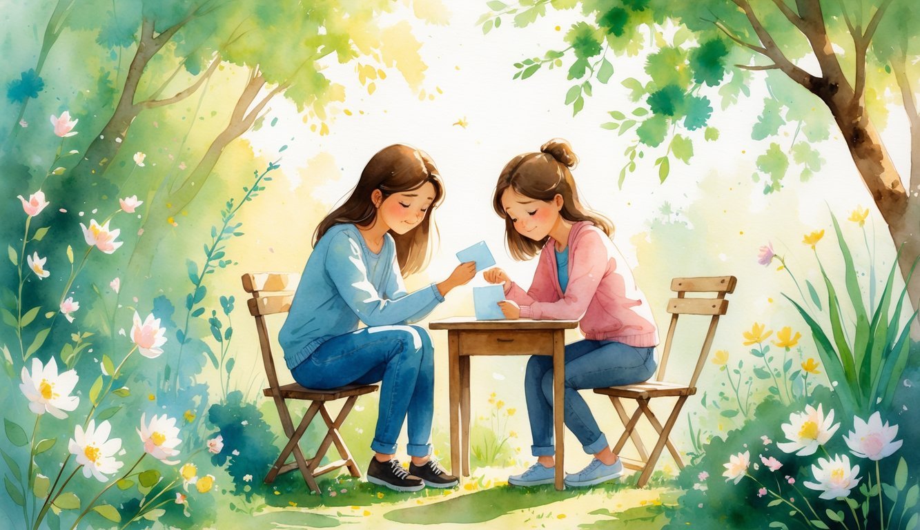 Two friends in a garden, one looking stressed while the other offers help with a kind gesture.