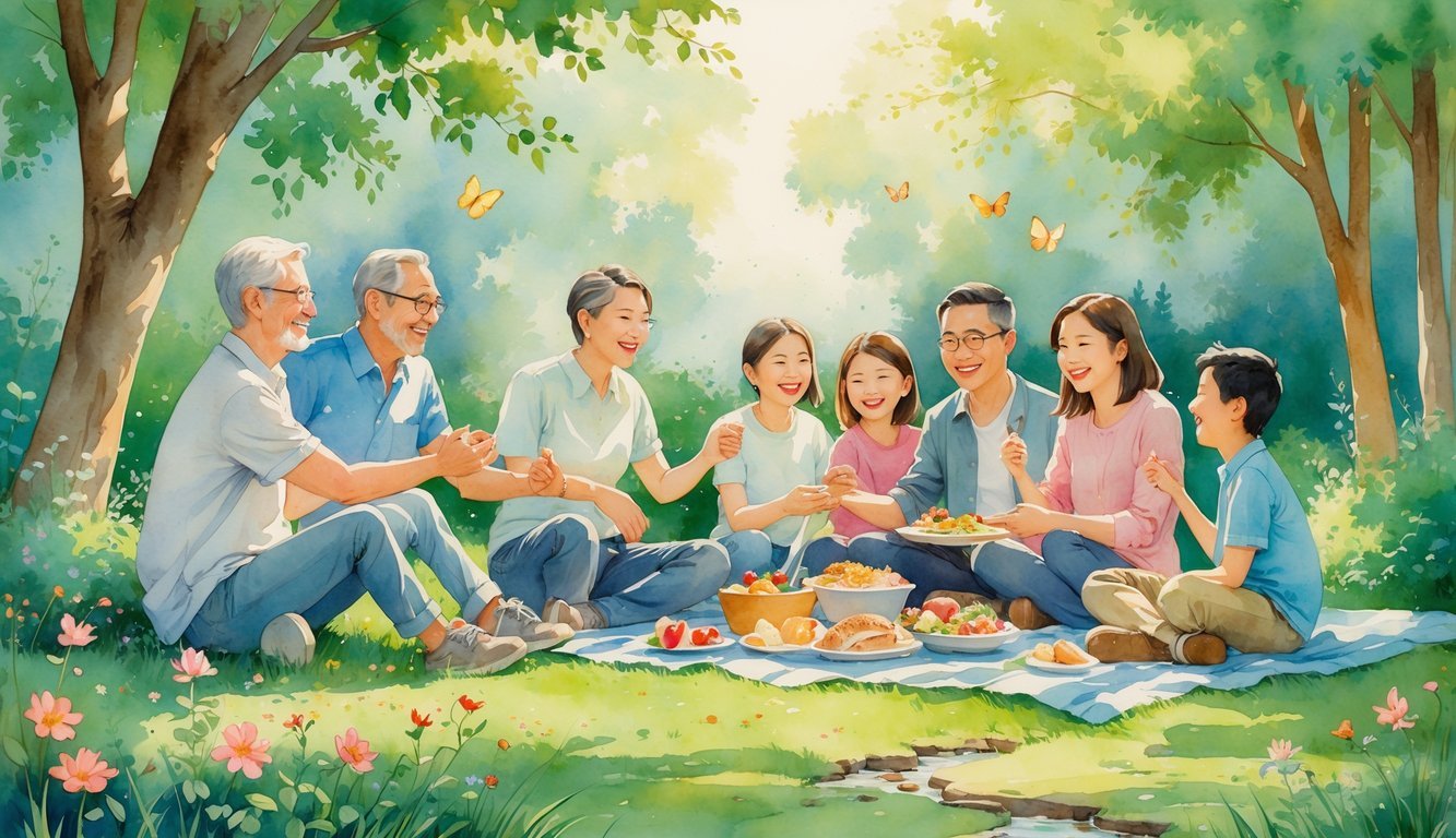 A group of people sharing joyful moments together in a peaceful garden, with hands holding and a family enjoying a picnic under trees.