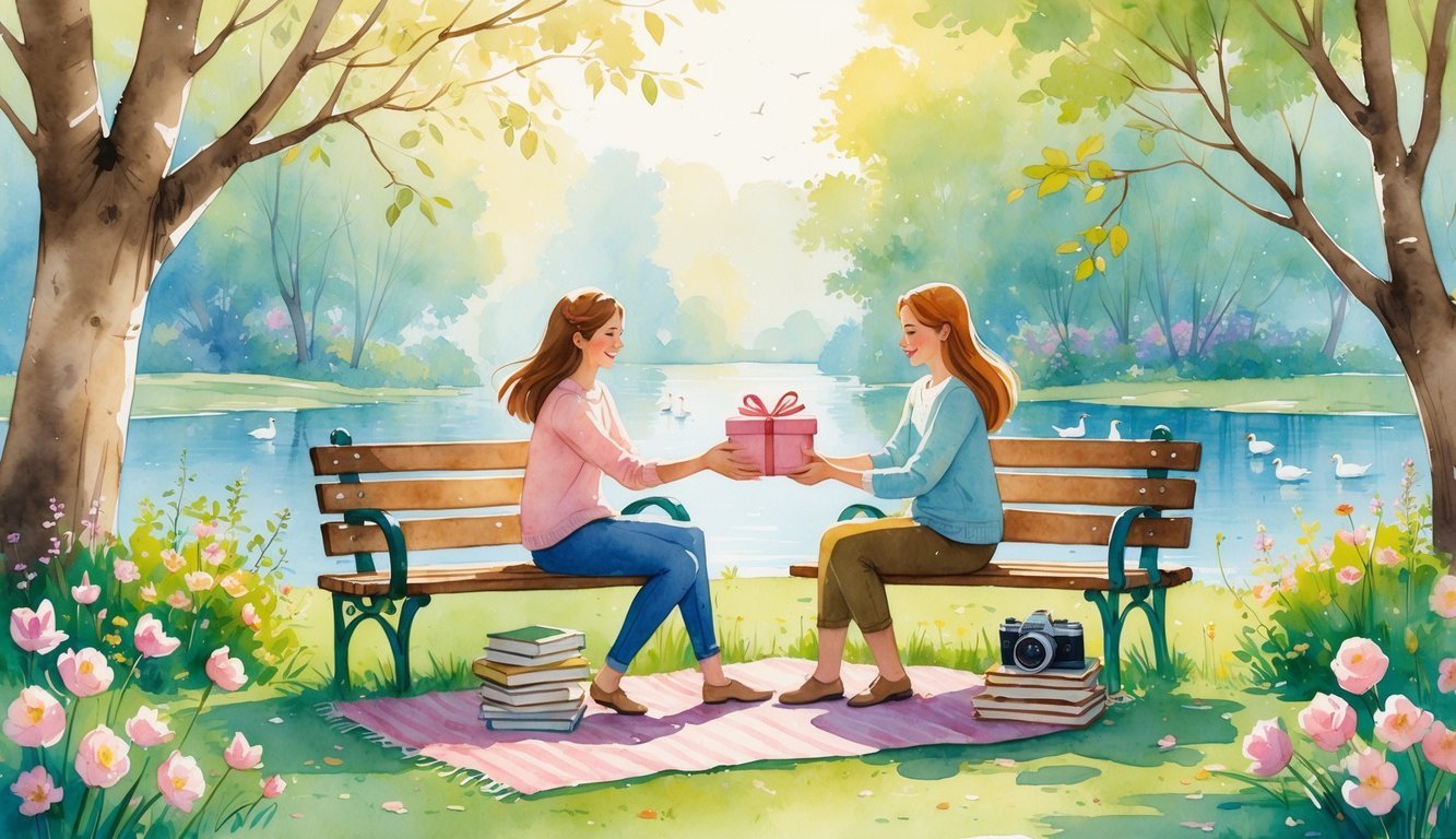 Two friends sitting on a park bench exchanging a gift surrounded by flowers, books, and a picnic blanket near a calm lake with birds and ducks.