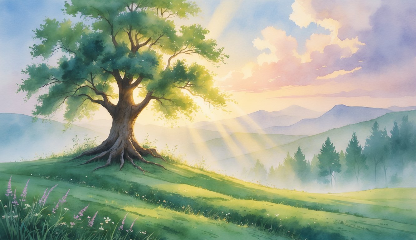 A peaceful landscape with a strong tree on a hill, wildflowers, and mountains under a soft morning sky.