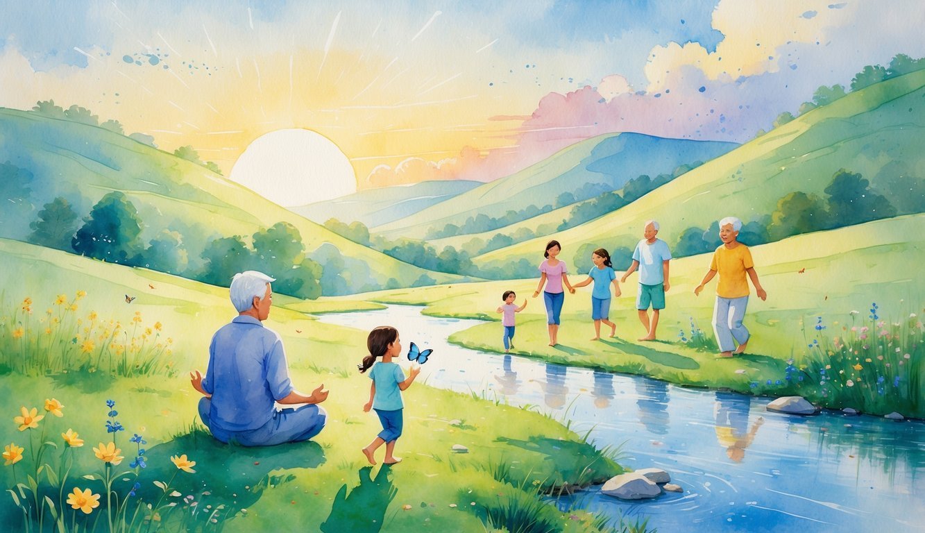A peaceful outdoor scene with people enjoying nature, including a person meditating, a child playing, and an elder smiling by a flowing stream at sunrise.