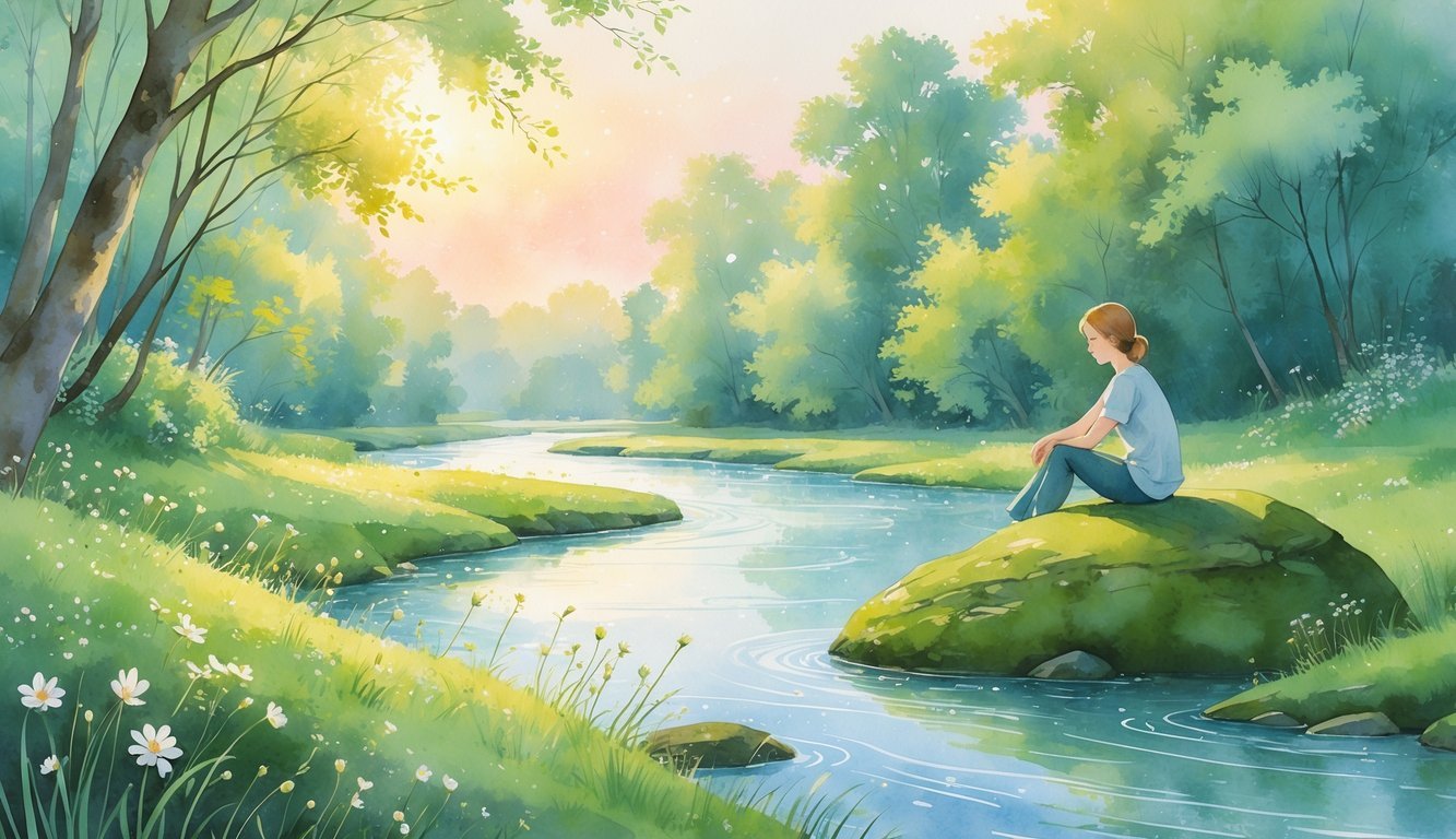 A peaceful scene of a person sitting by a calm river surrounded by trees and wildflowers under a warm sunrise or sunset.