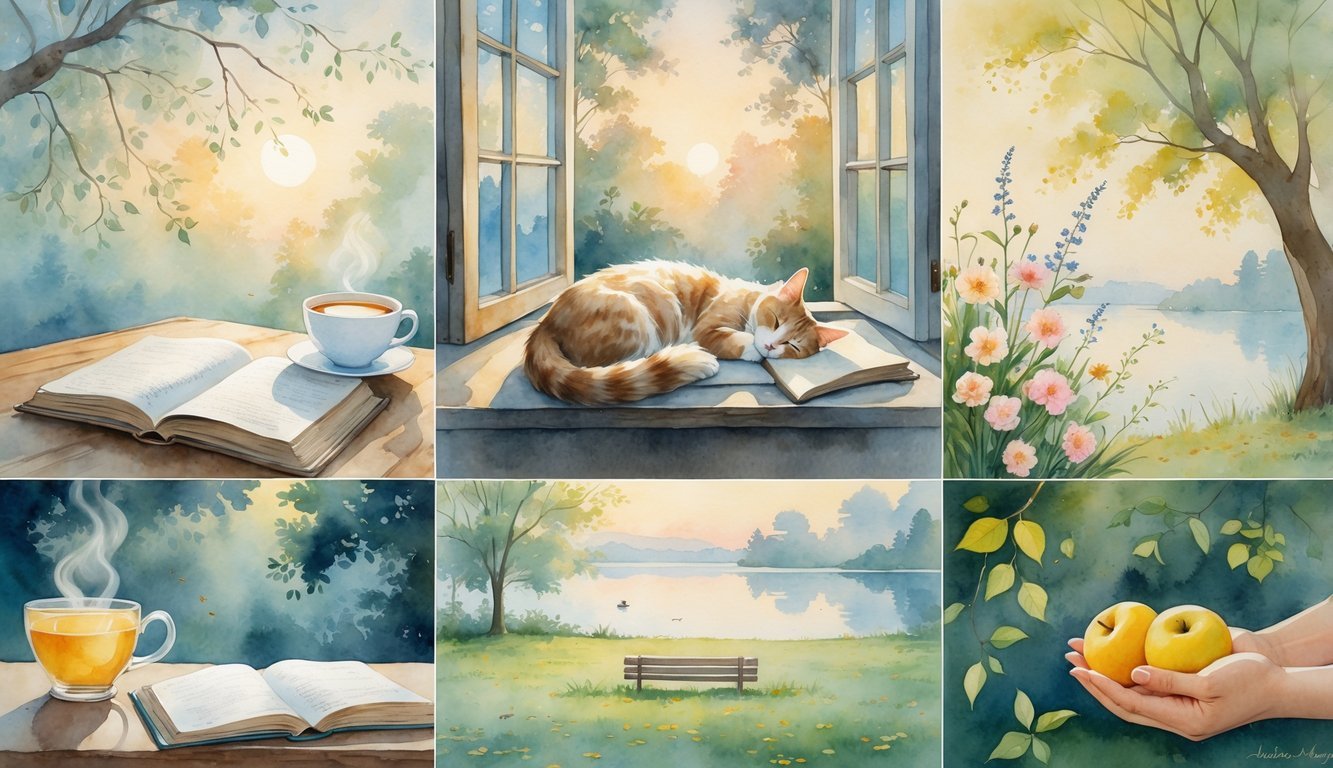 A peaceful scene showing a morning sunrise through trees, a cup of tea on a table, a sleeping cat on a windowsill, blooming wildflowers, a park bench with autumn leaves, a calm lake with a small boat, and hands holding fresh fruit.