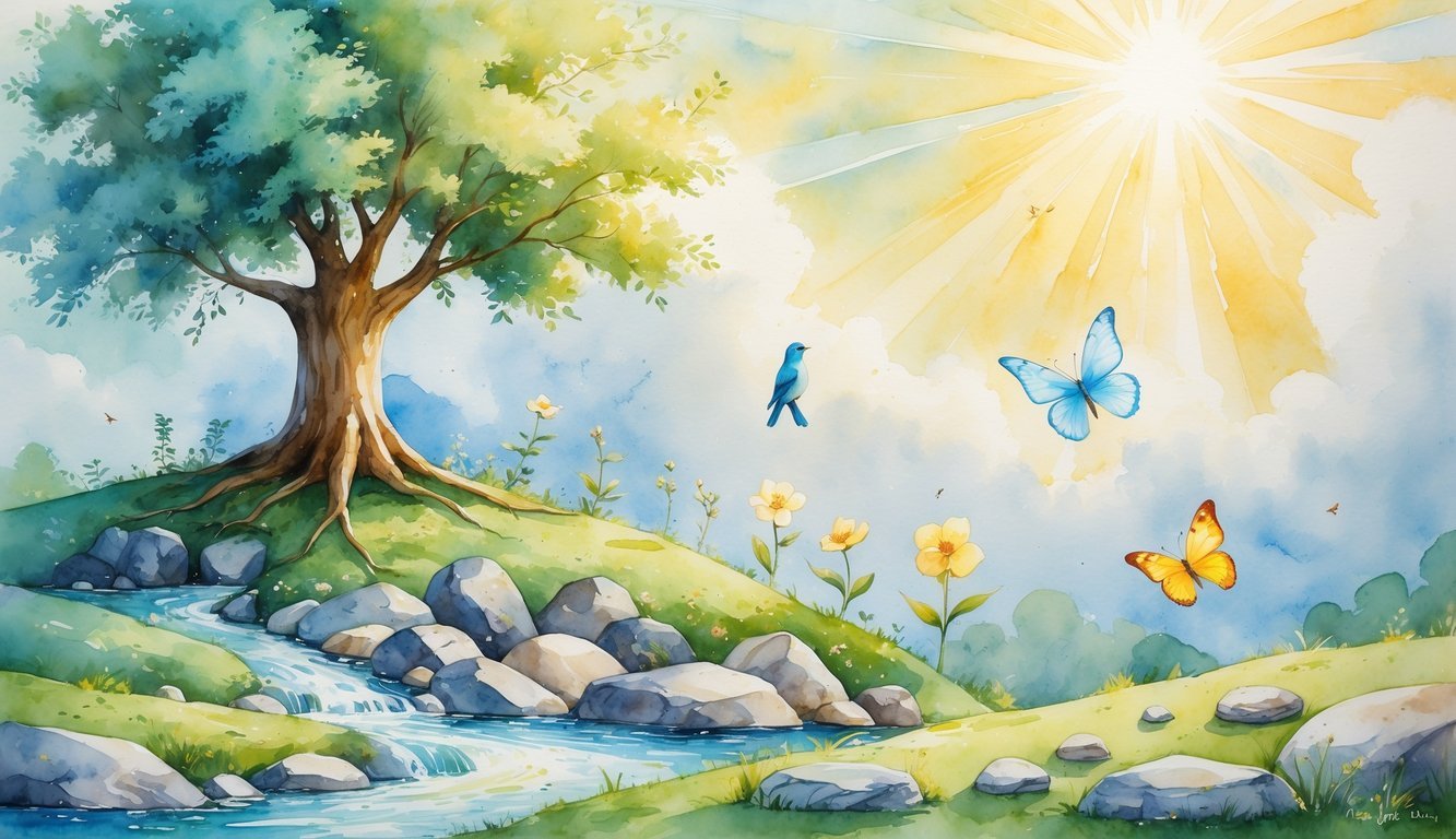 A strong tree on a rocky hill surrounded by a flowing stream, blooming flower, bird, sunbeam, intertwined hands, butterfly, and stones under a bright sky.