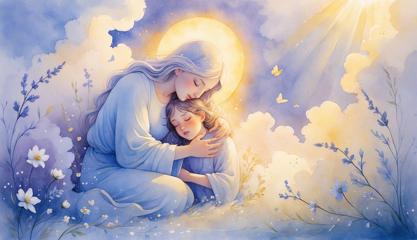A gentle figure comforting a smaller, weary figure surrounded by soft light, flowers, and flowing natural elements symbolizing hope and healing.