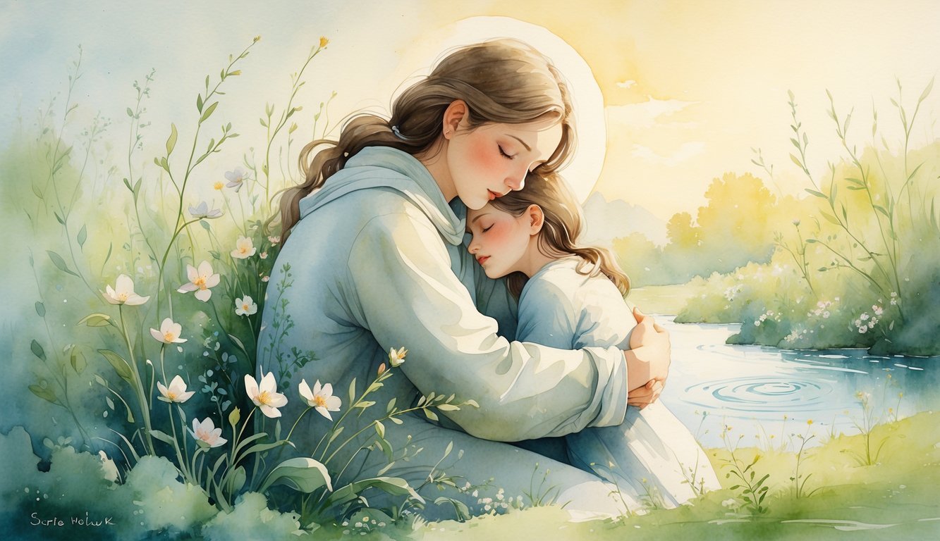A gentle shepherd holding a person protectively in a peaceful natural landscape with soft greenery and a calm sky.