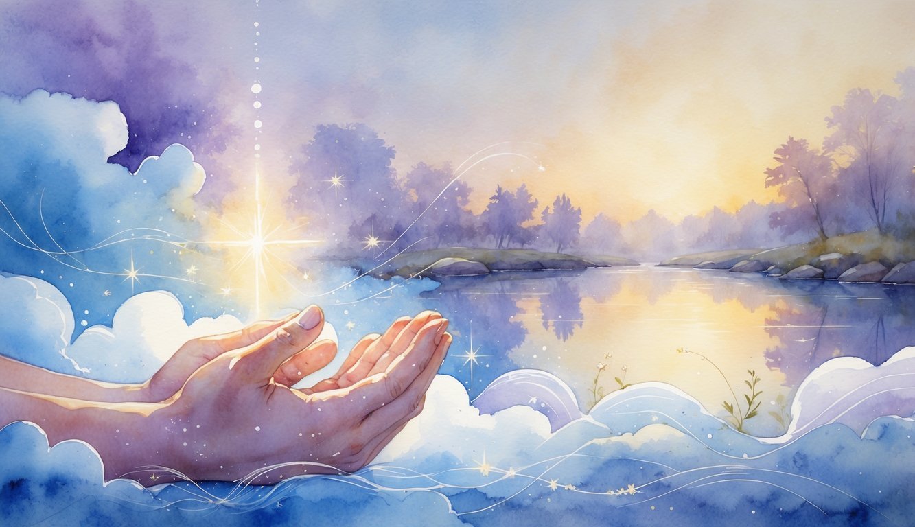 Hands clasped in prayer above a glowing light with a calm river and soft pastel sky in the background, evoking a peaceful and hopeful scene.
