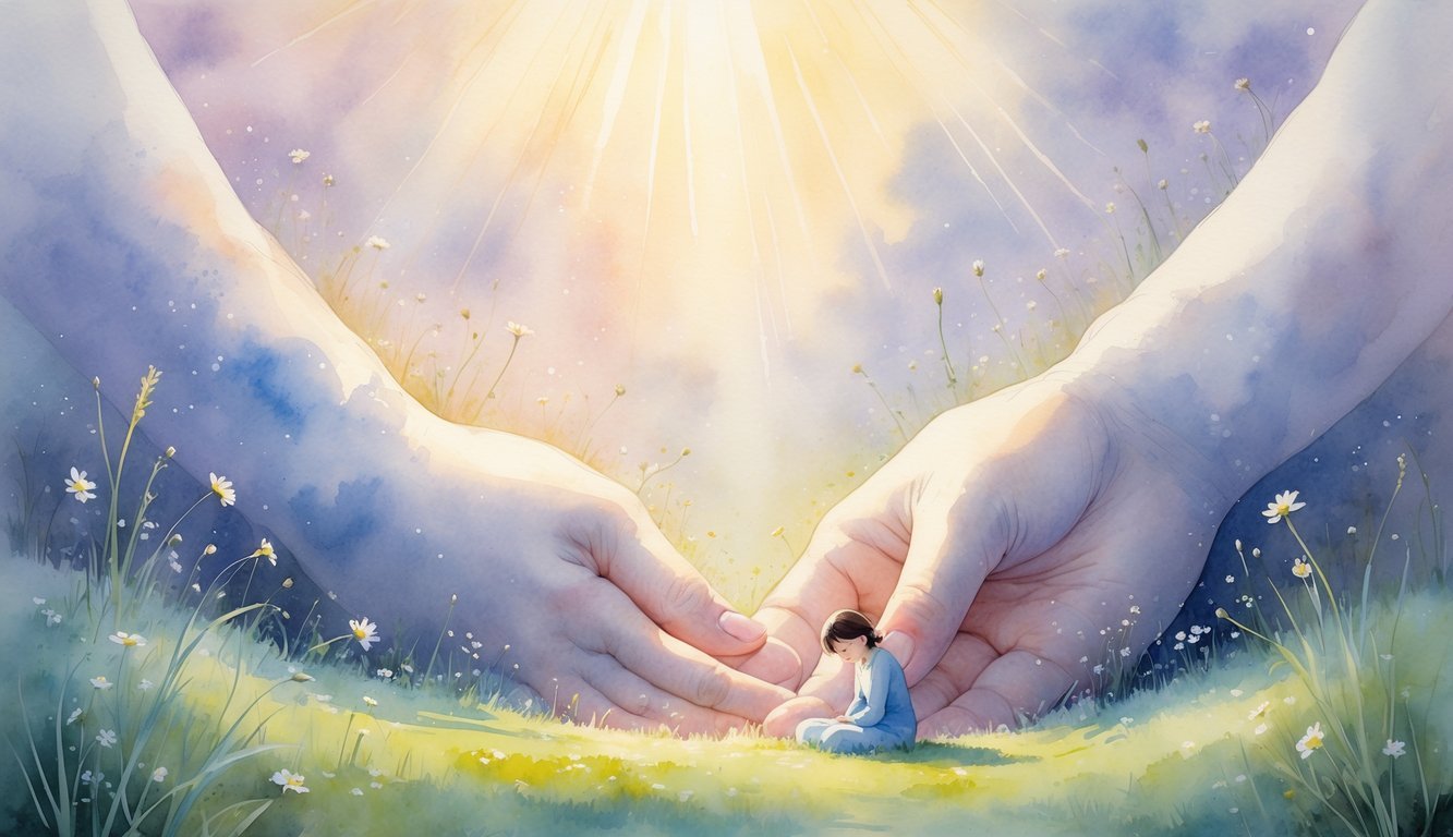 A small person sitting peacefully on a grassy hill, gently embraced by large glowing arms under a soft pastel sky with wildflowers around.