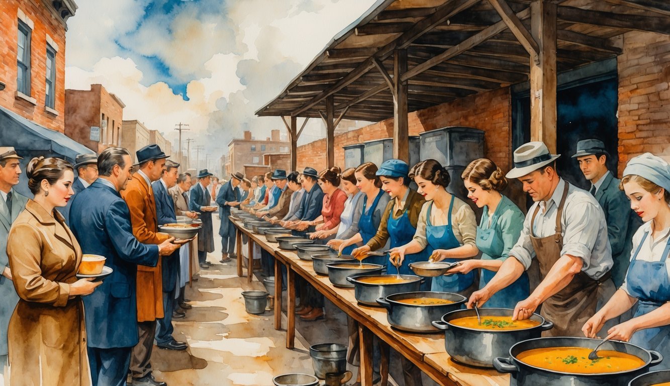 A busy soup kitchen during the Depression era with people lined up to receive meals from volunteers serving soup.
