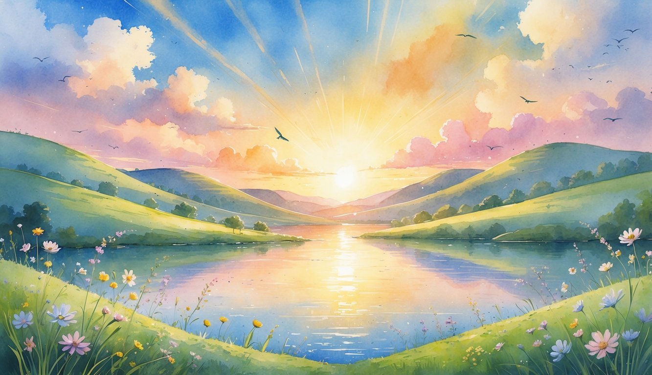 A sunrise over rolling hills with a calm lake and blooming wildflowers in the foreground, birds flying in the sky.