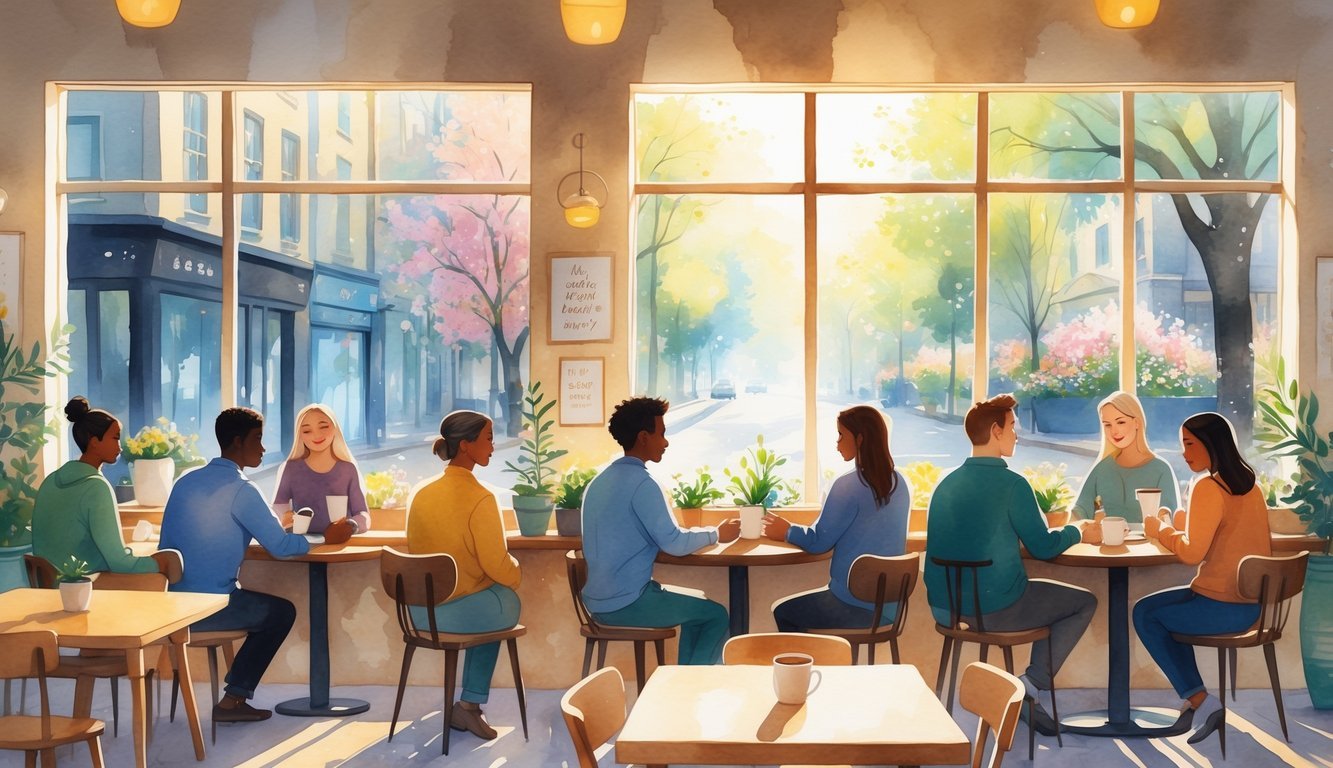 A cozy café with people talking and enjoying coffee, showing a supportive and peaceful environment.